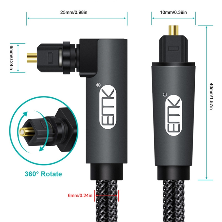 EMK Cable de audio óptico de malla tejida de nailon con enchufe giratorio de 360 grados en ángulo recto ajustable giratorio de 90 grados, longitud del cable: 1 m (negro) - B1