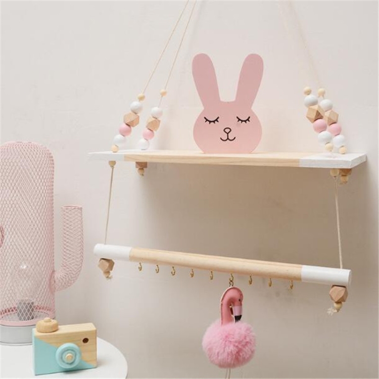Children Room Decorative Storage Rack Double Wooden Bead Shelves Wall Rope Hanging Shelf Home Hook Kids Coat White Children Room Decorative Storage Rack, White Coat Rack With Shelf Childrens Room