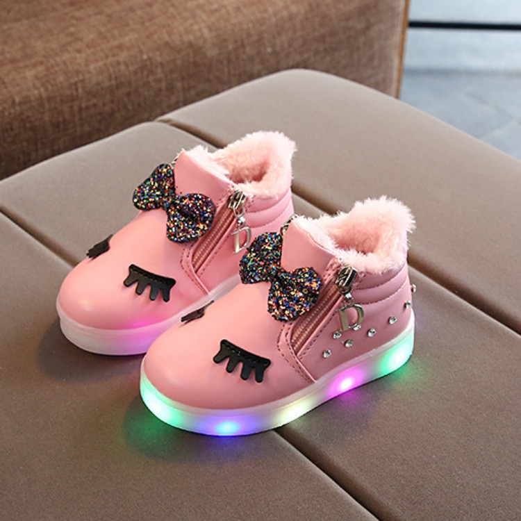 Kinderschoenen baby baby meisjes wimper kristal strik led laarzen schoenen sneakers, maat: 23 (roze met katoen)