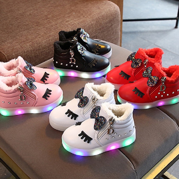 Chaussures enfants bébé nourrisson filles cils cristal bowknot LED bottes  lumineuses chaussures baskets, taille: 34 (rose avec coton)