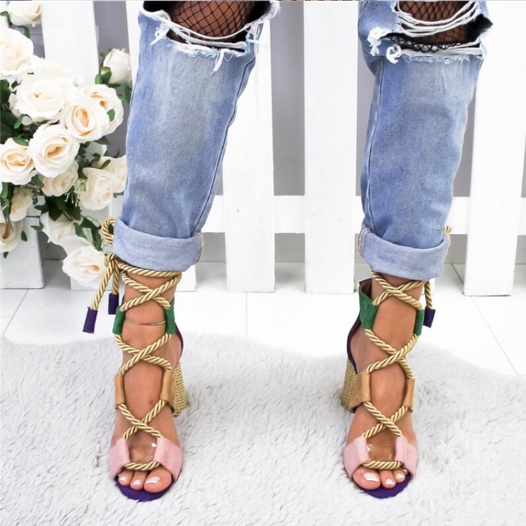 SUNSKY - Damesschoenen Opengewerkte kleurblok hennep Lace Up hoge hakken,  maat: 36 (wit)