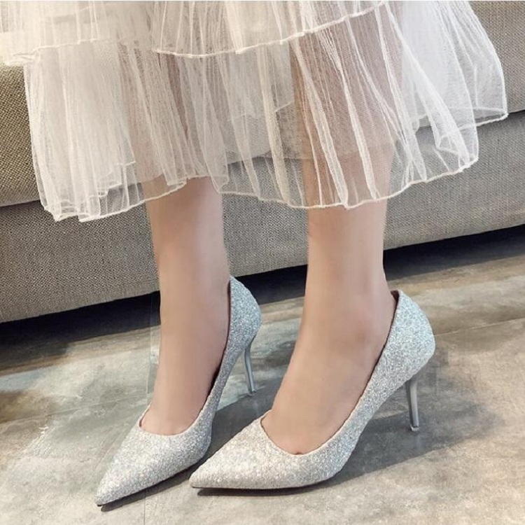 Zapatos de mujer Stiletto esmerilado con brillo superficial, 34 (Plata)