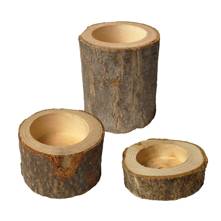 3 PCS Mini Natural Log Round Succulent Plant Pots and Candle Holders