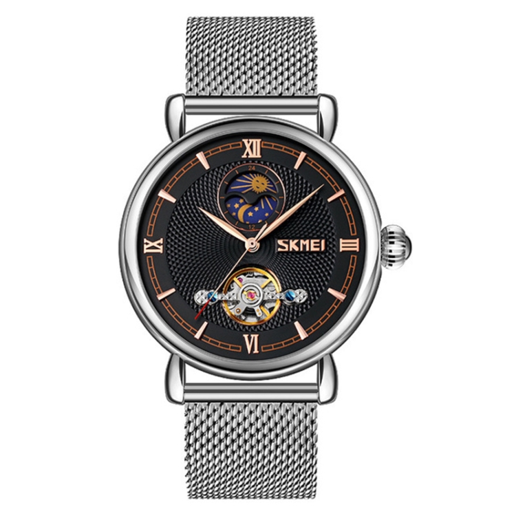 Skmei 9220 Men Mesh Belt Automatic Hollow Mechanical Watch Student Watch (Silver Shell Black Face) - 1