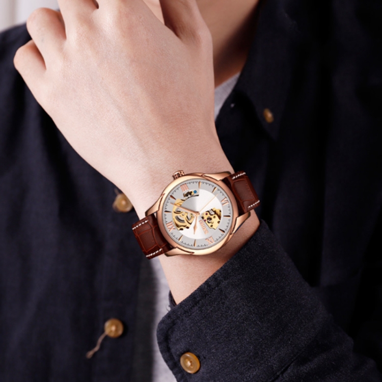 SKMEI 9223 Orologio automatico da uomo con cinturino in pelle da studente,  cinturino in pelle, orologio meccanico, colore: argento con quadrante nero