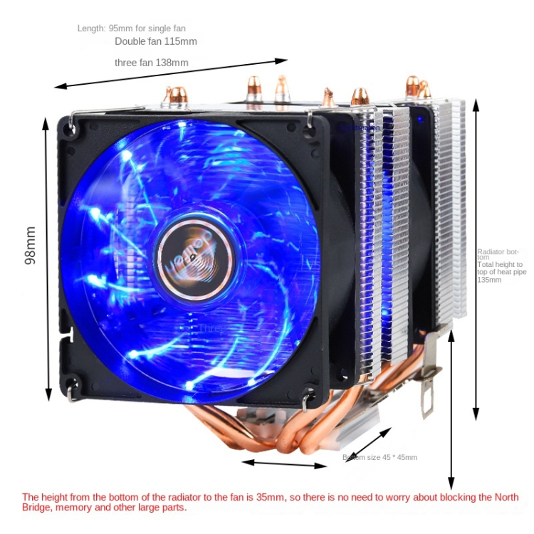 Computadora de escritorio 6 Tubo de cobre CPU Radiador Súper silencioso Luz azul Ventilador único de 3 pines - B2