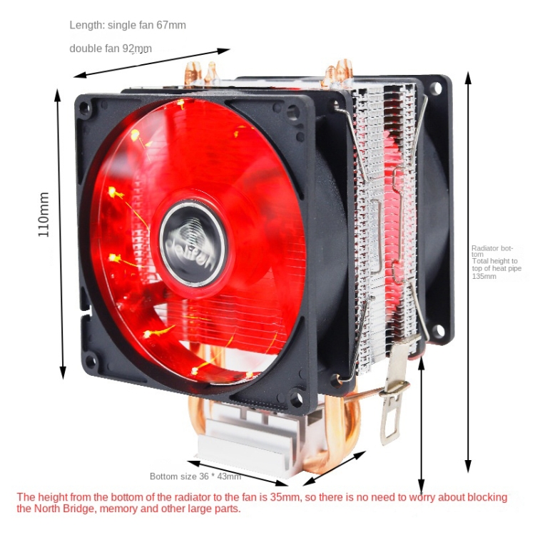 Computadora de escritorio 6 Tubo de cobre CPU Radiador Súper silencioso Luz azul Ventilador único de 3 pines - B4