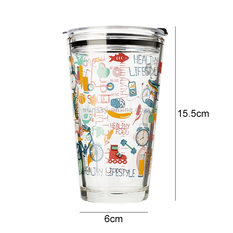 2 PCS Dibujos animados creativos Vaso de agua escalado de doble uso Jugo  Taza de leche Impresión para estudiantes Taza de vidrio engrosada para el  hogar, Estilo: Taza con tapa (Graffiti)