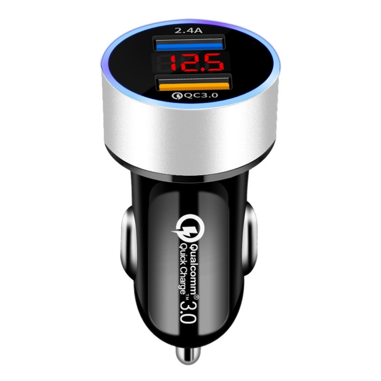 2 PCS Aluminum Ring Display Car Charger QC3.0+2.4A Aluminum Alloy Multi-function Halo Digital Display Car Charger(Snow Silver) 2 PCS Aluminum Ring Display Car Charger QC3.0+2.4A Aluminum Alloy Multi-function Halo Digital Display Car Charger(Snow Silver)