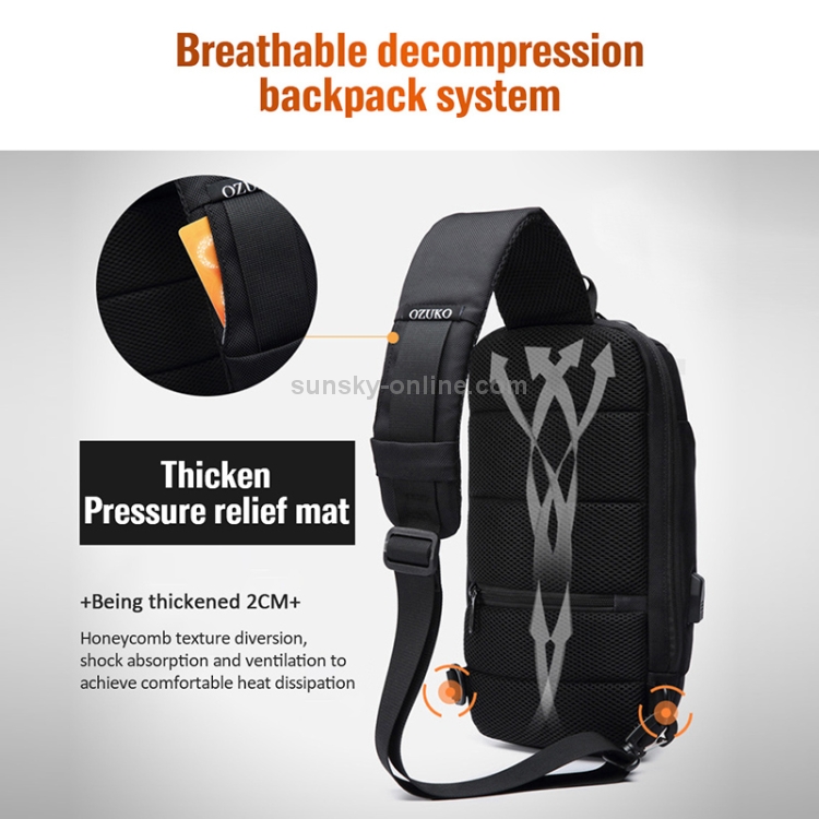 OZUKO 9223 Bolso de pecho antirrobo para hombre Bolso bandolera impermeable  con puerto de carga USB externo, Estilo: Tamaño estándar (Negro)