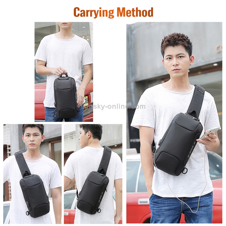 OZUKO 9223 Bolso de pecho antirrobo para hombre Bolso bandolera impermeable  con puerto de carga USB externo, Estilo: Tamaño estándar (Negro)