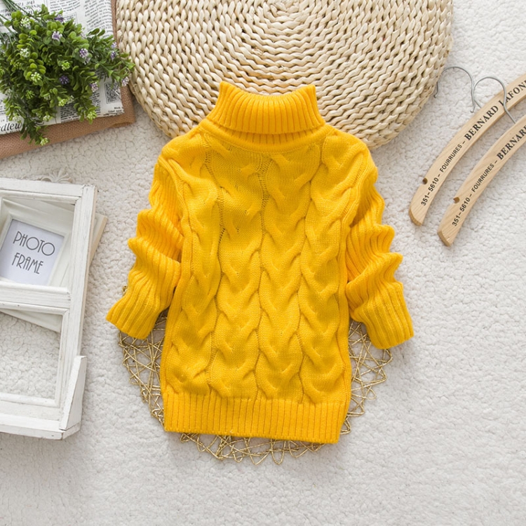 Yellow Winter Children's Thick Solid Color Knit Bottoming Turtleneck  Pullover Sweater, Height:16 Size（90-100cm）