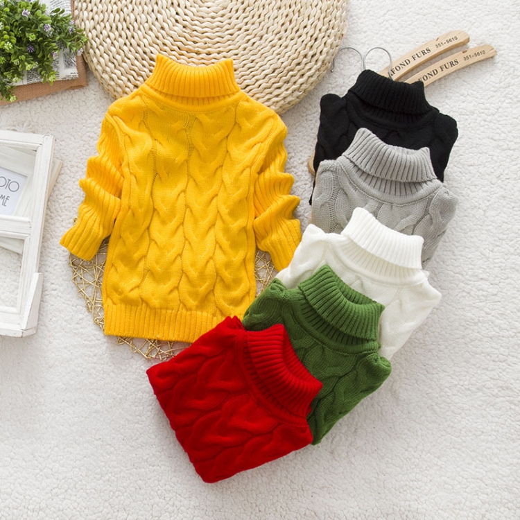 Yellow Winter Children's Thick Solid Color Knit Bottoming Turtleneck  Pullover Sweater, Height:16 Size（90-100cm）