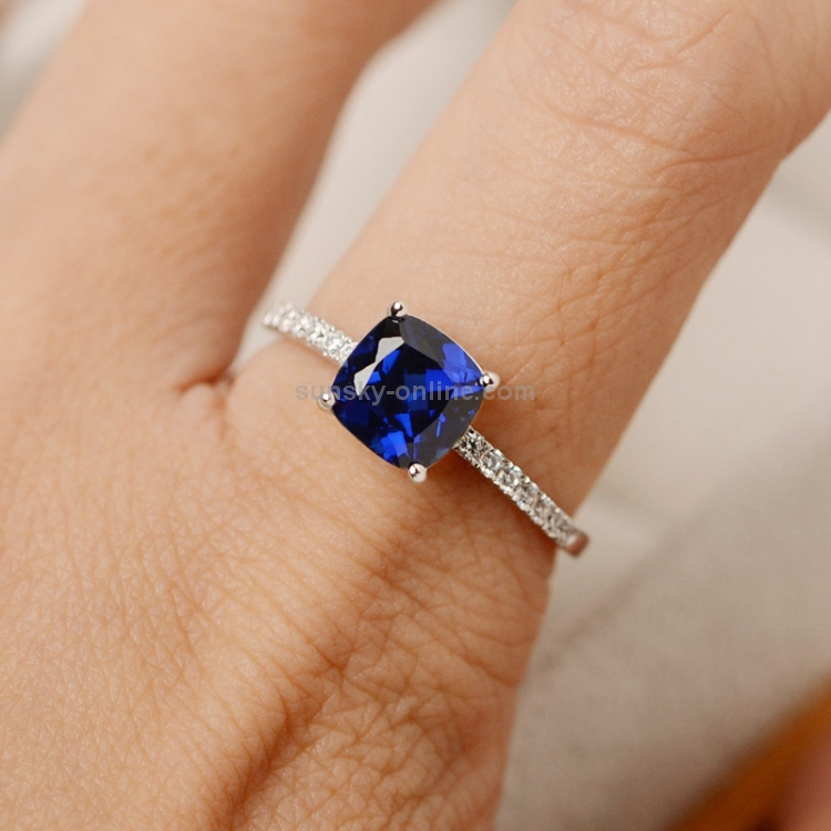 Women Fashion Design Luxury Inlaid Stone Square Rings, Ring Size:9(Blue)