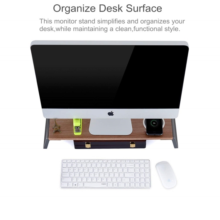 Soporte de monitor de metal y organizador de escritorio de computadora con  cajón para laptop, computadora, iMac, negro