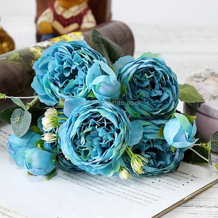 Linda rosa peônia flores artificiais de seda pequeno buquê Fores festa em  casa Primavera casamento decoração flor falsa (azul)