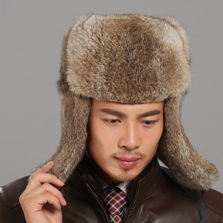Brown Autumn and Winter Thick Warm Rabbit Fur Bomber Hat Flight Hat for