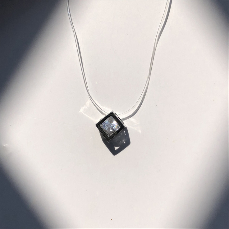Female Transparent Fishing Line Necklace Rhinestone Invisible Chain Necklace(White  cube)