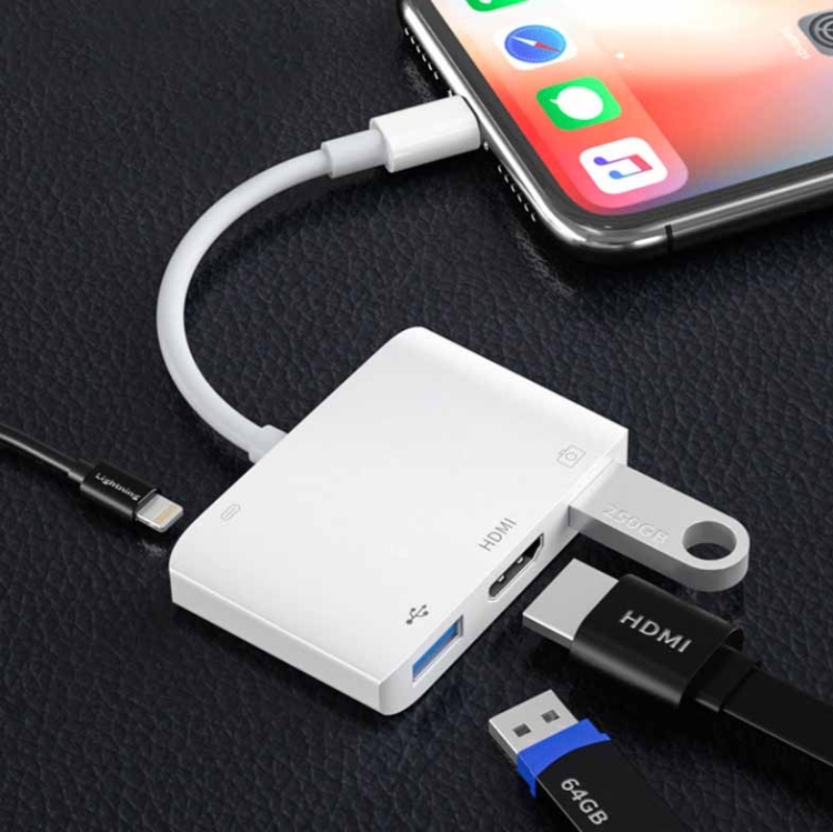 LC05 3 in 1 8 Pin to USB 3.0 + 1080P HDMI + Camera USB 3.0 Interface Multi-Function Adapter for IPhone 6s and Above IOS System