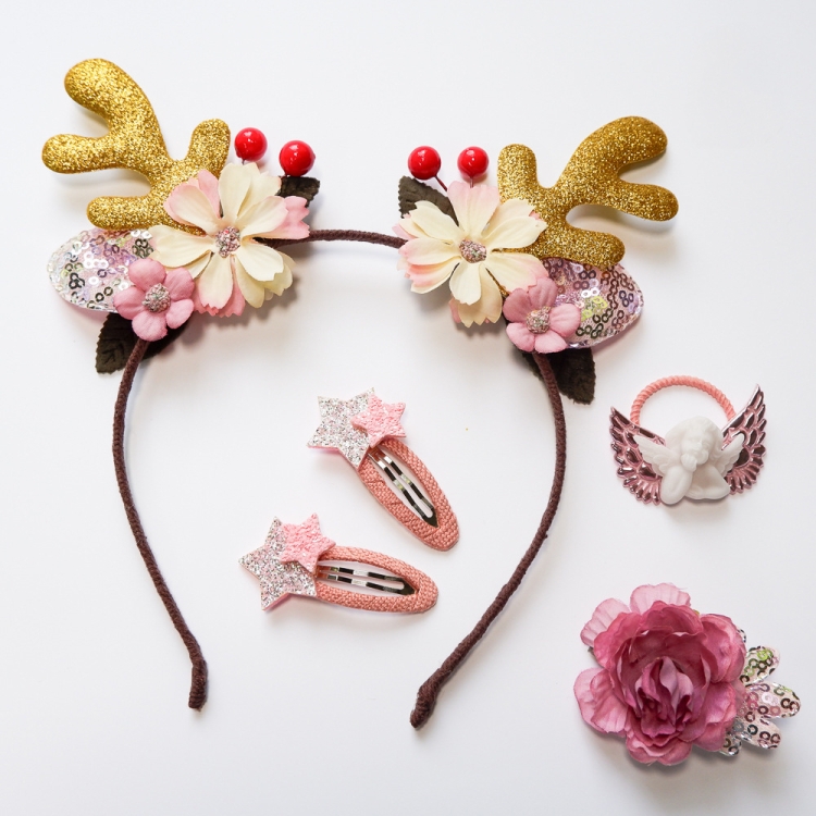 Christmas Hair Accessories Antlers Headband And Little Angel Hairpin Hair  Band Combination Set(Pink)