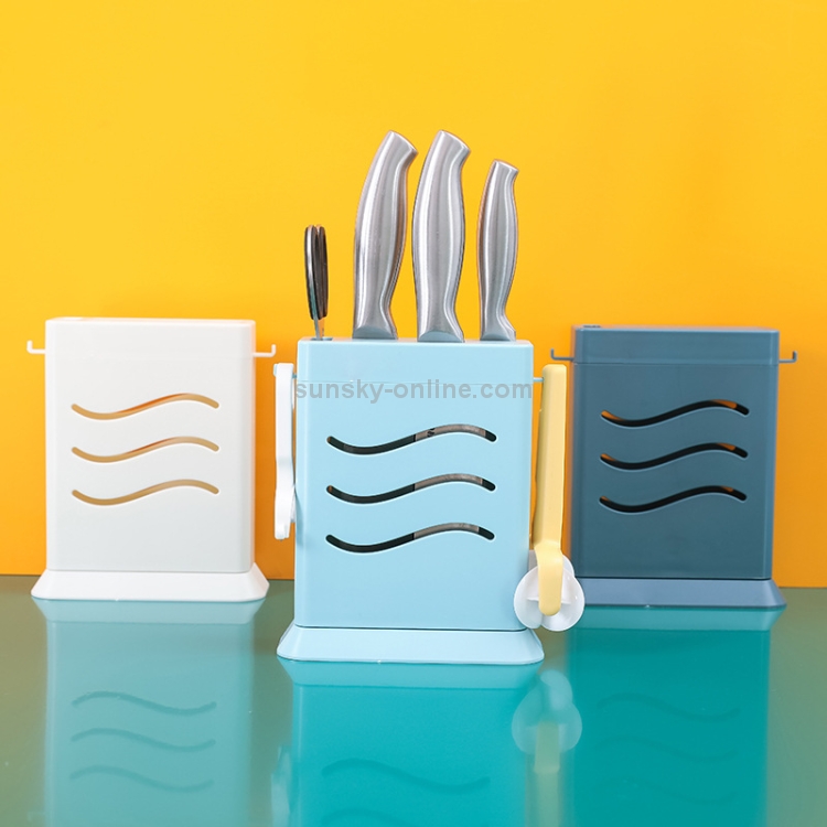 Kitchen Multifunctional Three-Hole Invisible Knife Holder Hollow Drain  Kitchenware Storage Rack(Dark Blue)