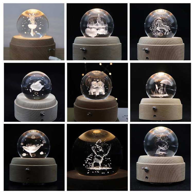Carillon a sfera di cristallo, 360 rotante, base in legno