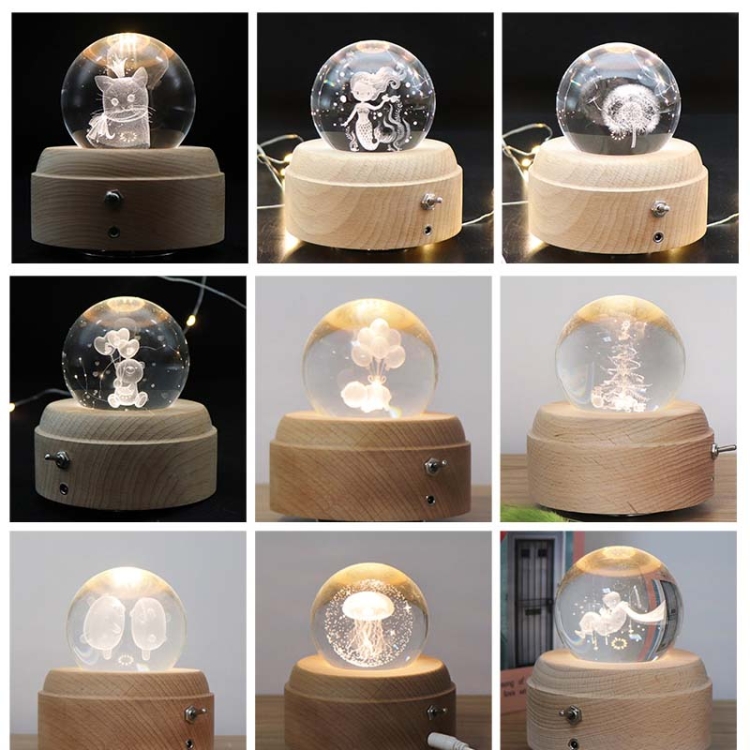 Girl Bedside Lamp Crystal Ball Wooden Base Music Box Charging Glow Rotating  Night Light, Random Music(Balloon Bear)