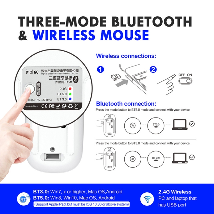 Mouse wireless per laptop Inphic PM1 Office Mute, stile: Bluetooth (argento  siderale)