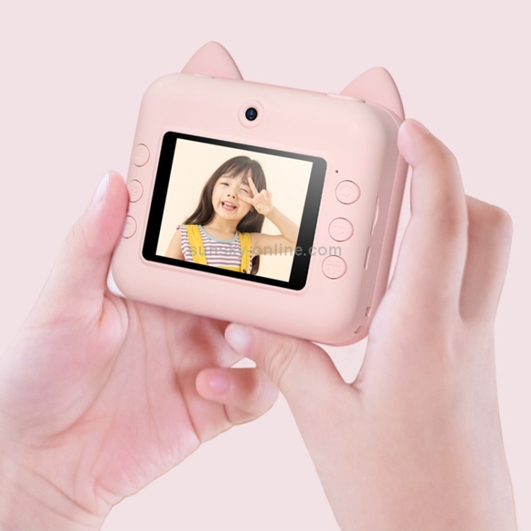 P1 NO TARJETA NIÑOS Cámara Polaroid 1200W Frente y trasera Dual-Lente Mini Imprimir Fotográfico Digital Digital Juguete (gato rosa) - B3