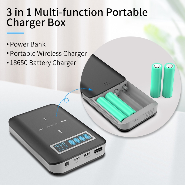 4 X 18650 Battery (Not Included) Dual-Way QC Charger Power Bank Shell Box With 2 X USB Interface Output & Display & Wireless Charging 4 X 18650 Battery (Not Included) Dual-Way QC Charger Power Bank Shell Box With 2 X USB Interface Output & Display & Wireless Charging
