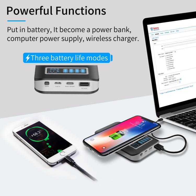 4 X 18650 Battery (Not Included) Dual-Way QC Charger Power Bank Shell Box With 2 X USB Interface Output & Display & Wireless Charging 4 X 18650 Battery (Not Included) Dual-Way QC Charger Power Bank Shell Box With 2 X USB Interface Output & Display & Wireless Charging