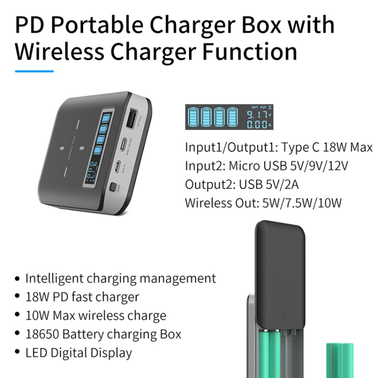 4 X 18650 Battery (Not Included) Dual-Way QC Charger Power Bank Shell Box With 2 X USB Interface Output & Display & Wireless Charging 4 X 18650 Battery (Not Included) Dual-Way QC Charger Power Bank Shell Box With 2 X USB Interface Output & Display & Wireless Charging