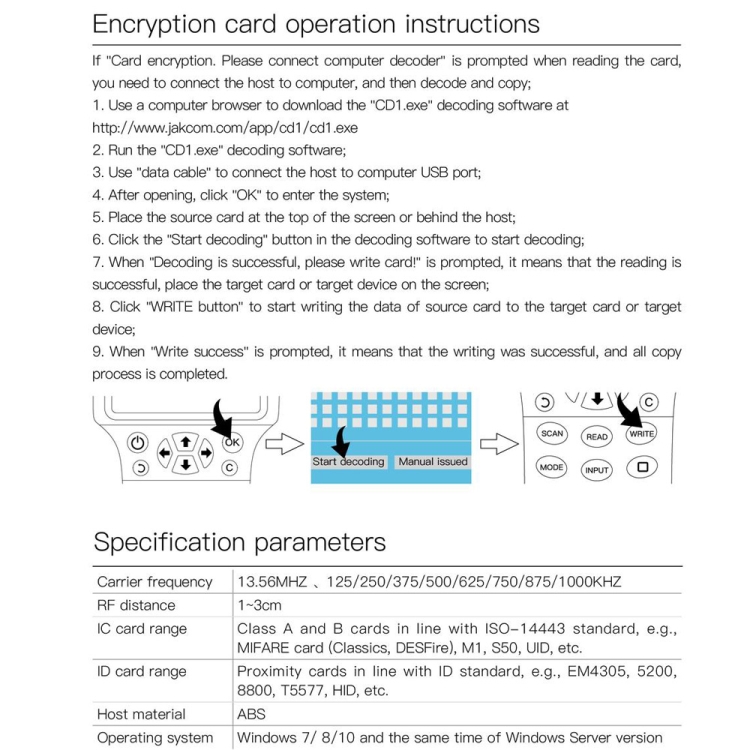 JAKCOM CD1 Control de acceso Duplicador de tarjetas de proximidad Lector de tarjetas RFID / ICID Lector de tarjetas - 6