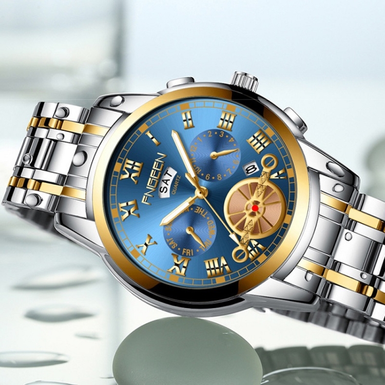 FNGEEN 4001 Men Watch Multi-Function Quartz Watch, Colour: Gold Blue ...