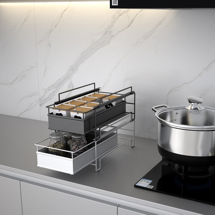Kitchen Countertop Under Sink Spice Racks Can Be Stacked With Multi-Layer Pull-Out Storage Wrought Iron Rack(Black)