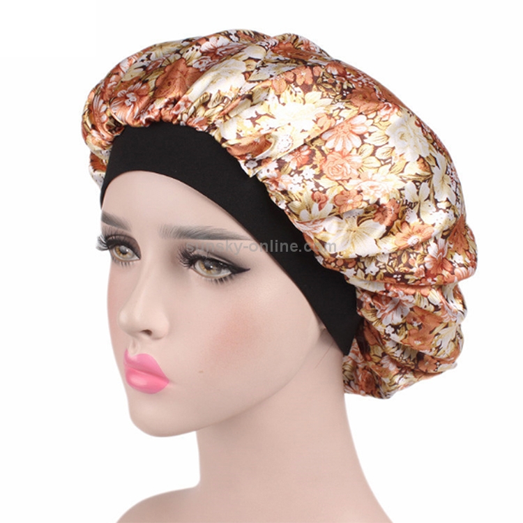 2 PCS Women Satin Night Sleep Cap Hair Bonnet Hat Silk Head Cover Wide  Elastic Band(Beige Small Flower)