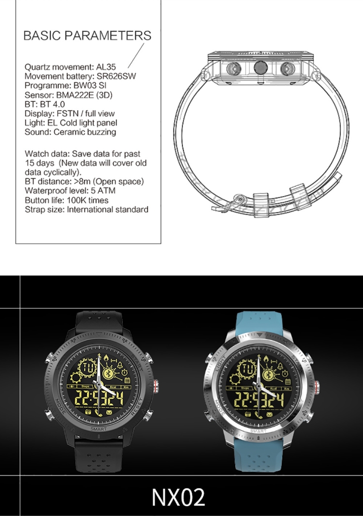 NX02 Sport Smartwatch IP67 Impermeable Soporte Rastreador Calorías Podómetro Smartwatch Cronómetro Llamada SMS Recordatorio (negro) - 12