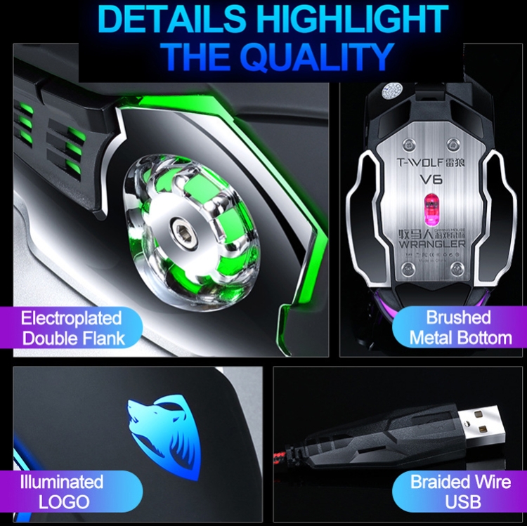 T-WOLF V6 Interfaz USB 6-BOTONES 3200 DPI Wired Mouse Gaming Macro Macro Programación de 7 colores Mouse de juego luminoso, cable: 1.5m (Macro Definición Versión de audio Iron Gray) - B3