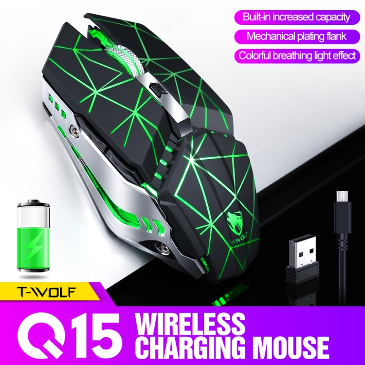 T-WOLF Q15 6-BOTONS 1600 DPI Inalámbrico Recargable Mute Office Gaming Mouse con 7 colores de la luz de respiración (Stars Black) - B2