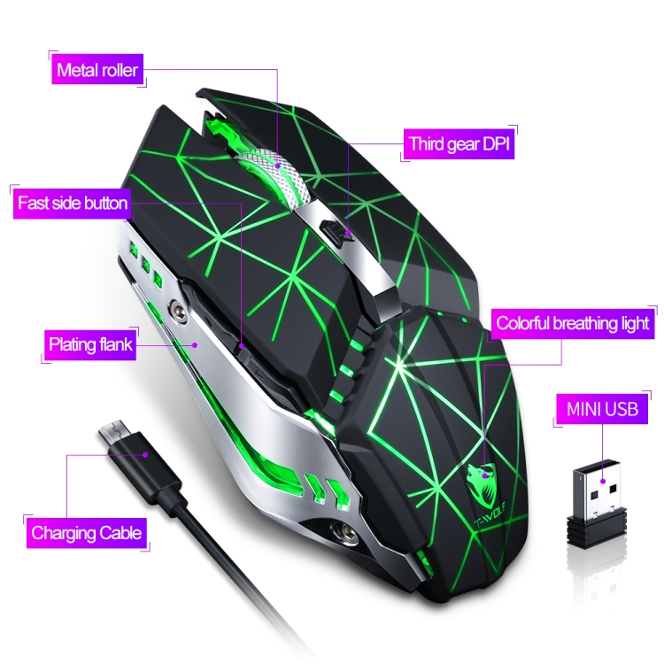 T-WOLF Q15 6-BOTONS 1600 DPI Inalámbrico Recargable Mute Office Gaming Mouse con 7 colores de la luz de respiración (Stars Black) - B4