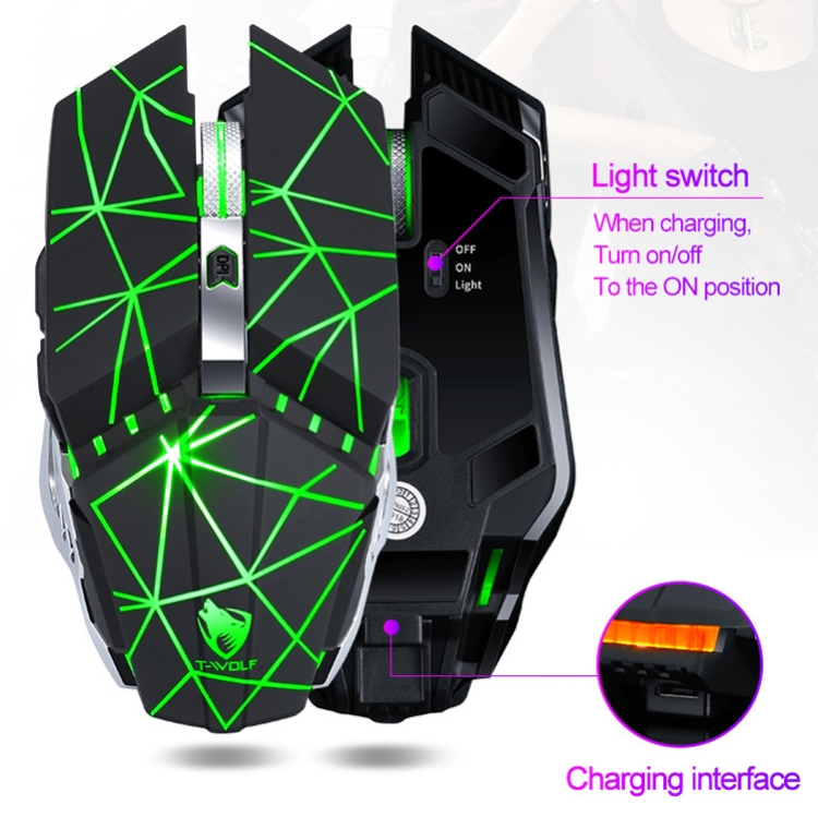 T-WOLF Q15 6-BOTONS 1600 DPI Inalámbrico Recargable Mute Office Gaming Mouse con 7 colores de la luz de respiración (Stars Black) - B6