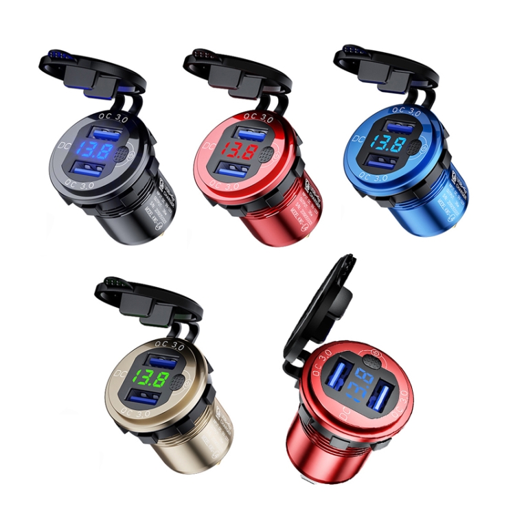Aluminum Alloy Double QC3.0 Fast Charge With Button Switch Car USB Charger Waterproof Car Charger Specification: Black Shell Blue Light With Terminal Aluminum Alloy Double QC3.0 Fast Charge With Button Switch Car USB Charger Waterproof Car Charger Specification: Black Shell Blue Light With Terminal