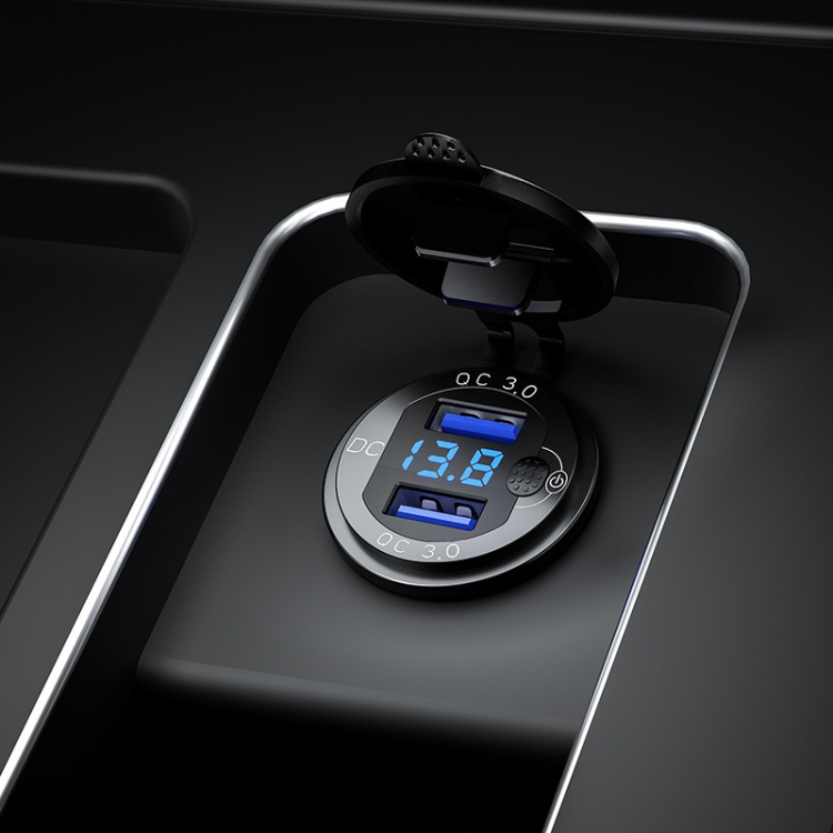 Aluminum Alloy Double QC3.0 Fast Charge With Button Switch Car USB Charger Waterproof Car Charger Specification: Black Shell Blue Light With Terminal Aluminum Alloy Double QC3.0 Fast Charge With Button Switch Car USB Charger Waterproof Car Charger Specification: Black Shell Blue Light With Terminal