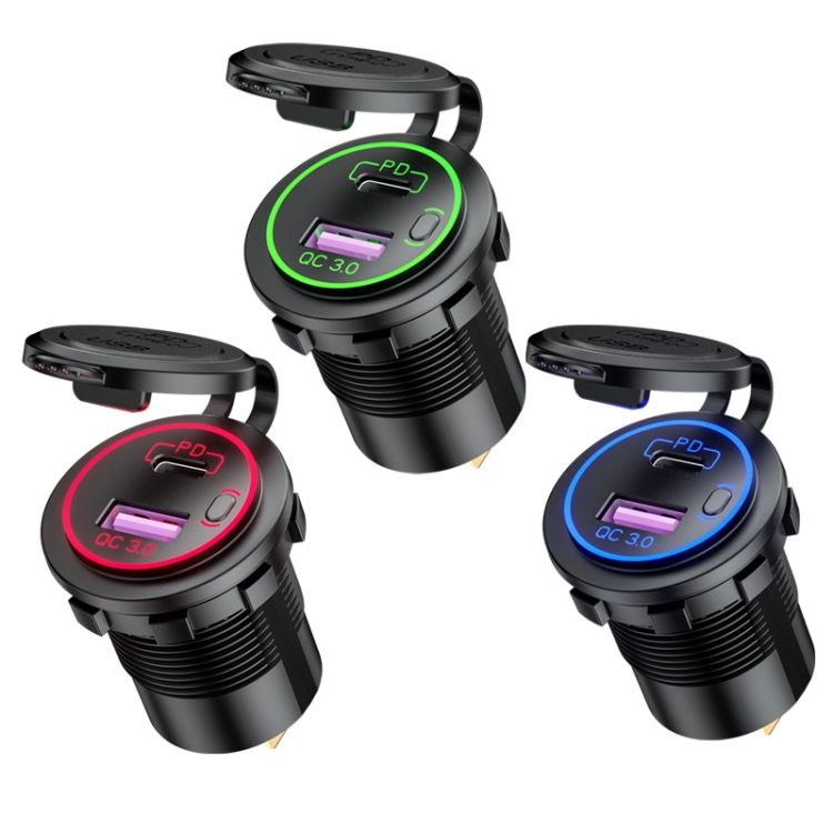 Car Motorcycle Ship Modified USB Charger Waterproof PD + QC3.0 Fast Charge, Model: Green Light With 60cm Line Car Motorcycle Ship Modified USB Charger Waterproof PD + QC3.0 Fast Charge, Model: Green Light With 60cm Line