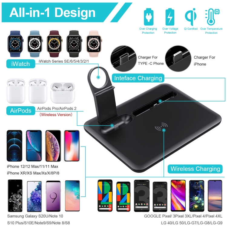 HQ-UD17 4 in 1 Wireless Charger Phone Holder Charging Base for Smart Phones, iWatch, AirPods (White) HQ-UD17 4 in 1 Wireless Charger Phone Holder Charging Base for Smart Phones, iWatch, AirPods (White)