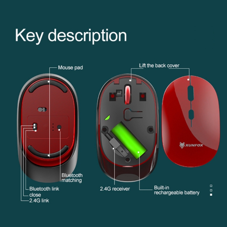 Xunsvfox xyh60 1600 dpi 6-llaves Carga de ratones inalámbricos MUTE, Color: 2.4G + Bluetooth negro negro - B2