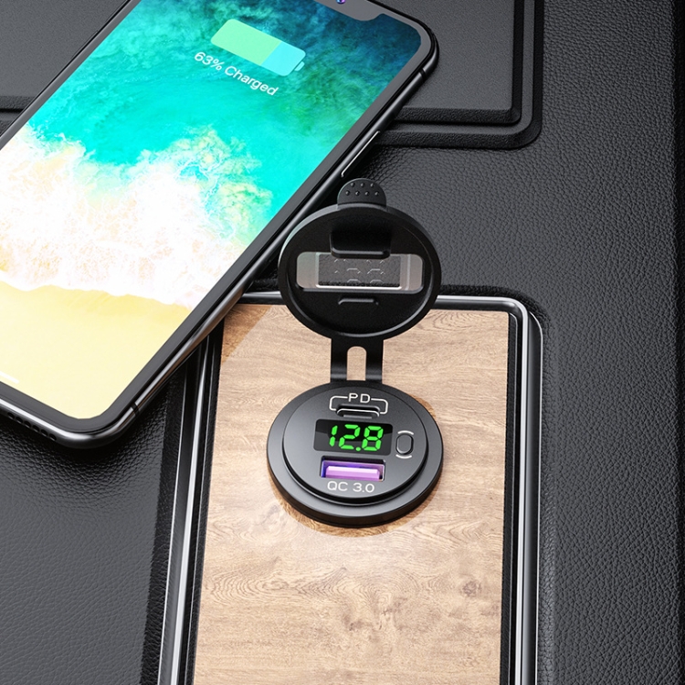 12V Modified Car USB Charger With Voltage Display PD QC3.0 Socket(With Terminal Green Light) 12V Modified Car USB Charger With Voltage Display PD QC3.0 Socket(With Terminal Green Light)
