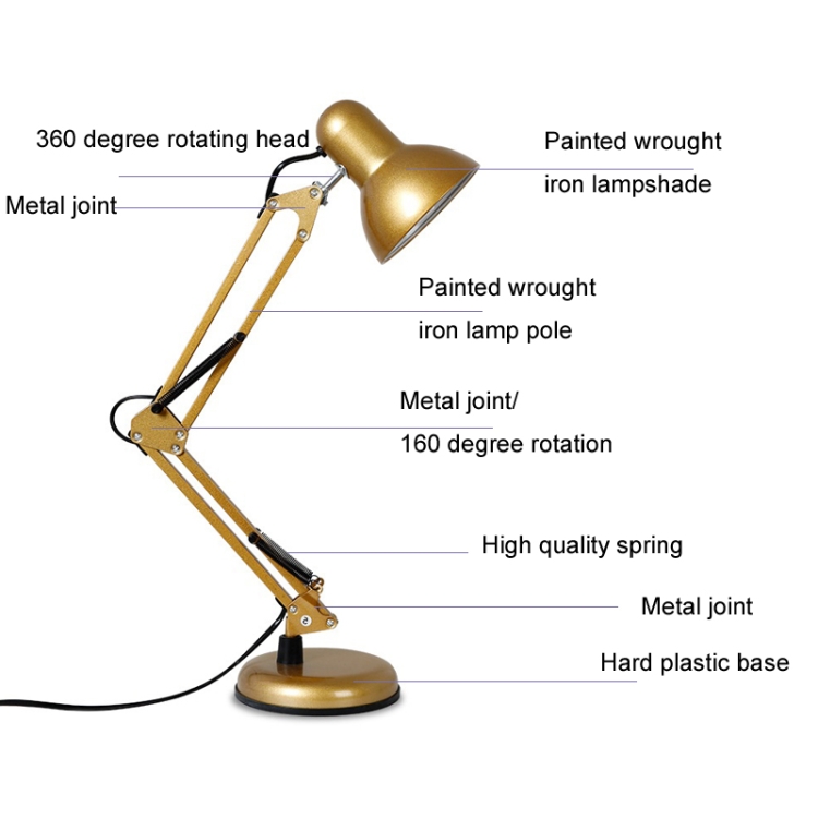 Lampada da scrivania per bambini in ferro battuto Lampada da scrivania  Pieghevole Lampada per la protezione degli occhi, Plug, Dimensioni: 60 cm  (nero)