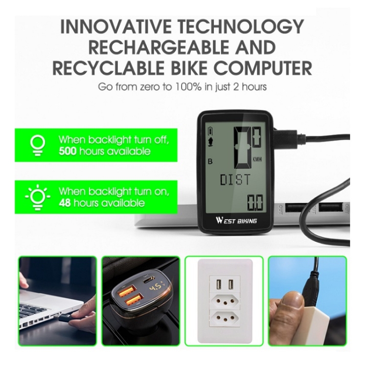 WEST BIKING Mountain Road Bike Five Language Code Table USB Riding Wireless Code Table Speedometer(Black)