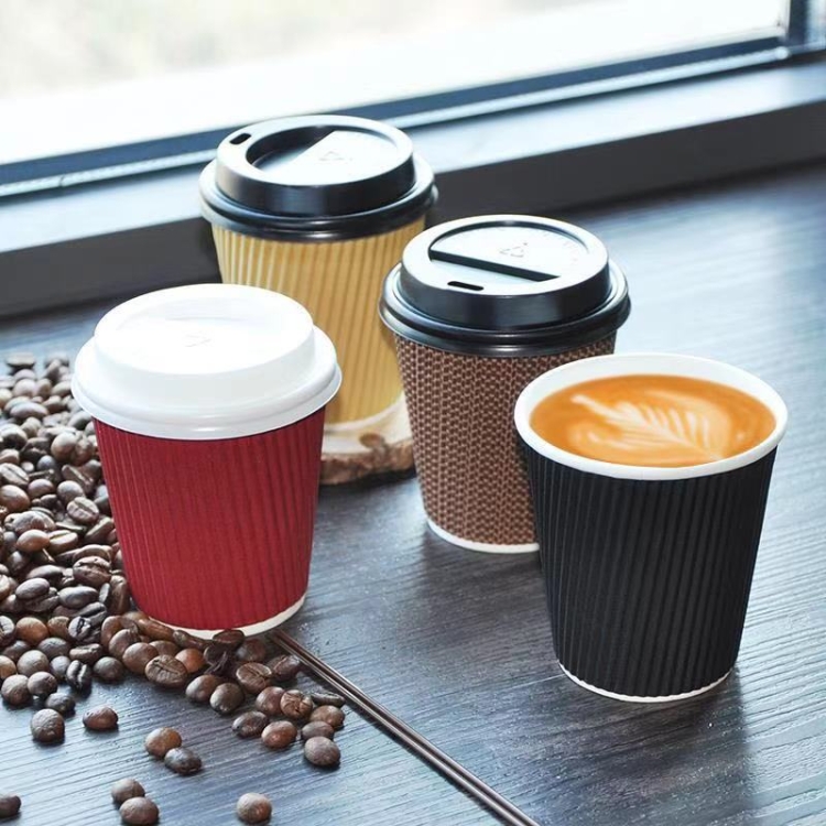 Rippled Black Coffee Cups with Lid 12oz (50pcs)